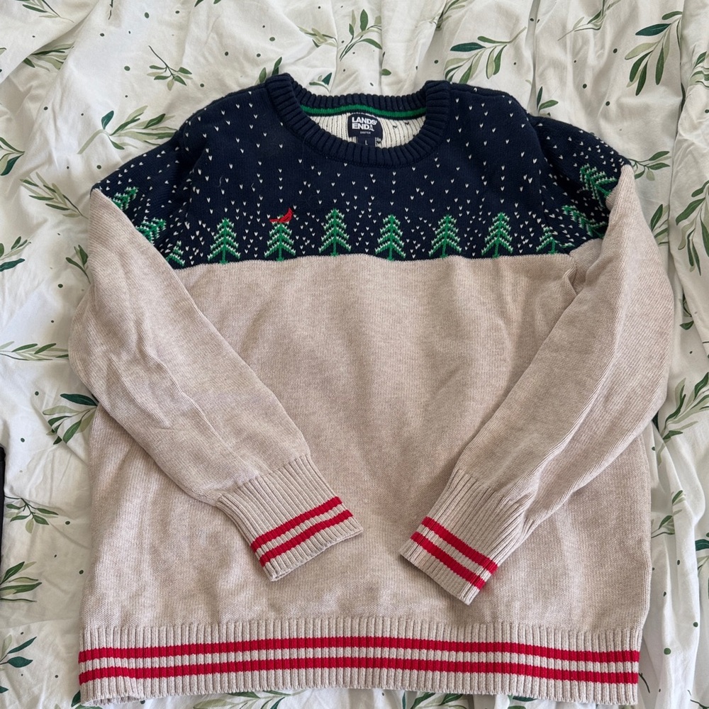 Lands' End Beige and Navy Crewneck Sweater with Tree Design